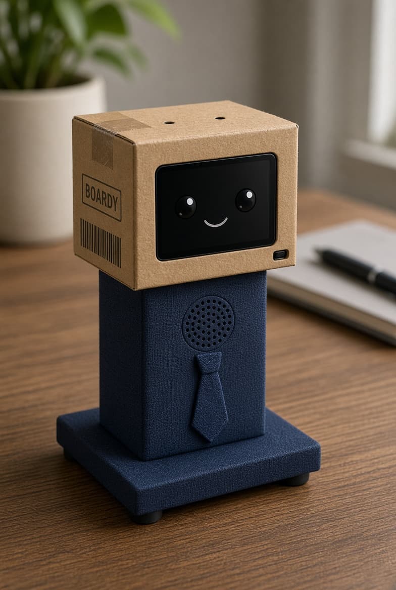 Boardy, the kraft cube in a navy suit, sitting on a wooden desk