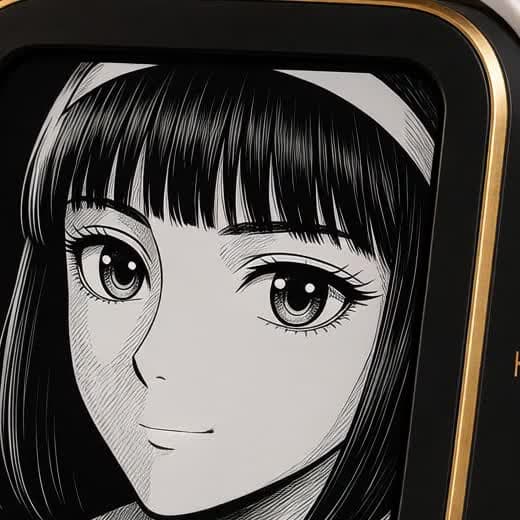 Hermes OLED crop: blunt bangs, thick white headband, B&W manga