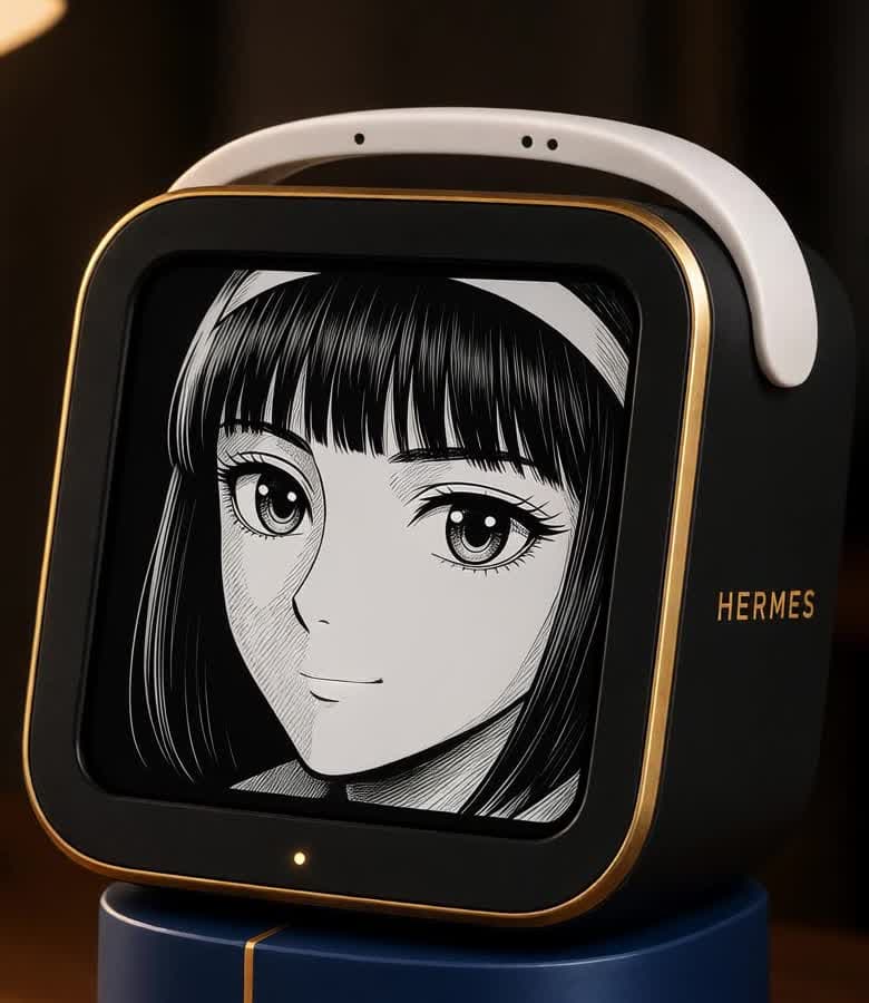 Hermes OLED in the gold bezel: B&W manga girl with blunt bangs and a thick white headband